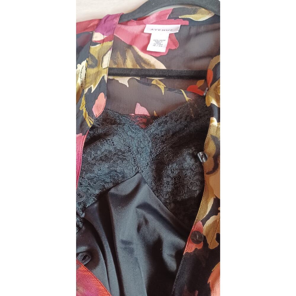 Avenue Plus Size 18/20 Sheer Black Orange Floral Button Front Maxi Duster Dress - Picture 11 of 11